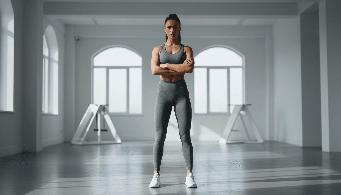 Strong and motivated female fitness model demonstrating confidence and strength in modern fitness setting