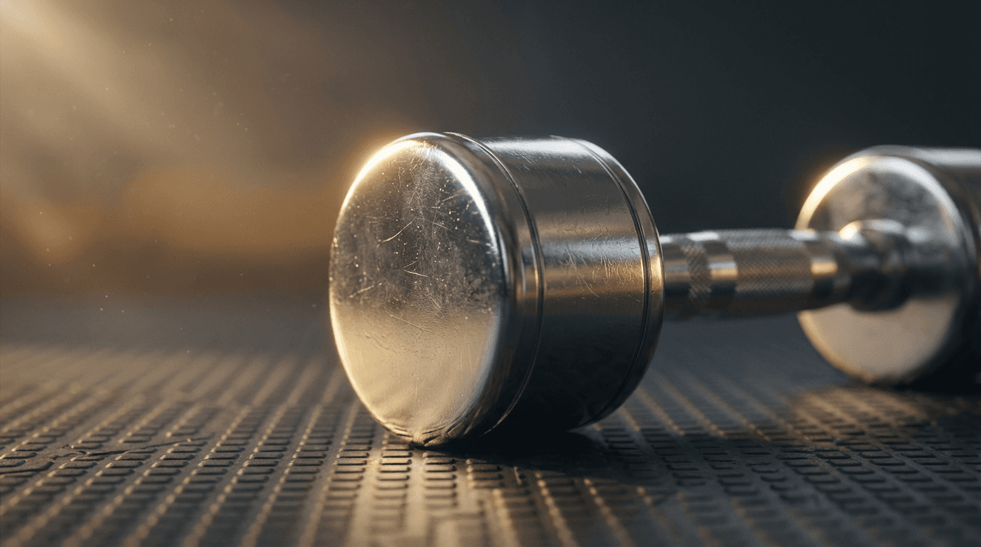 Polished dumbbell on textured gym mat in warm studio light with floating dust motes