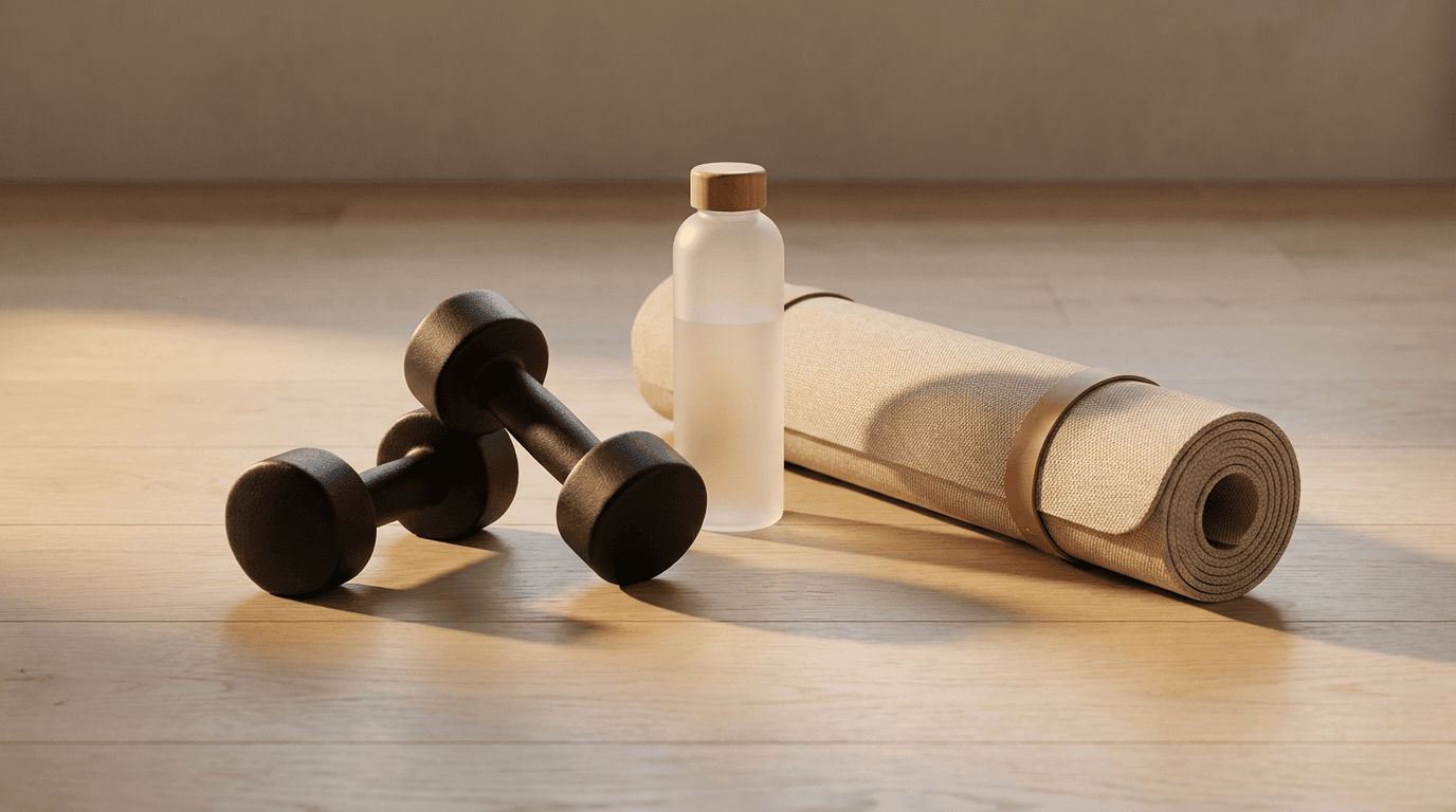 Overhead view of fitness equipment—dumbbells, water bottle, rolled yoga mat—on wooden surface with soft golden light