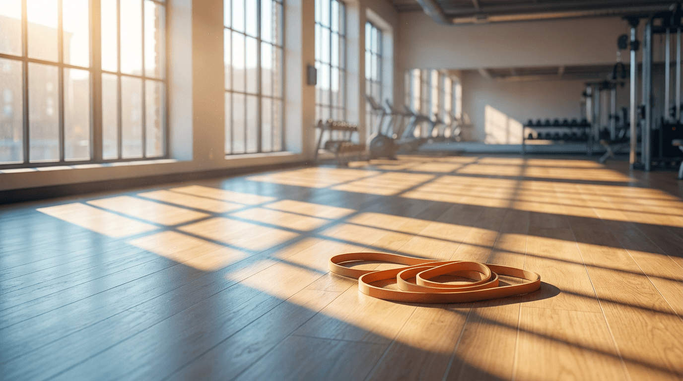 Sunlit gym studio with window shadows crossing wooden floor and coiled resistance band.