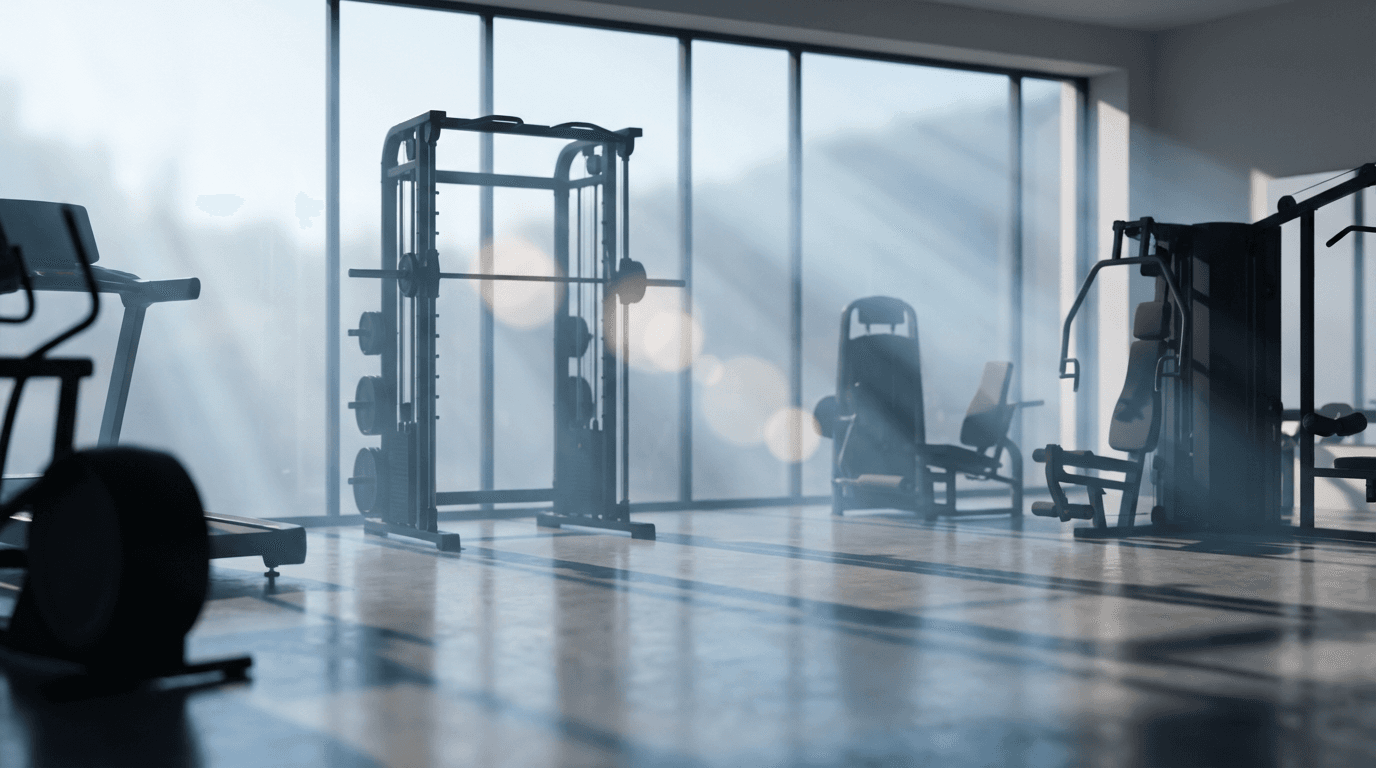 Silhouettes of modern exercise equipment backlit by soft natural light through large windows.