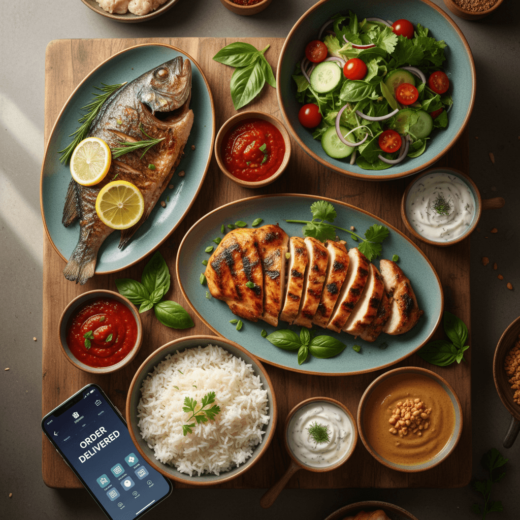 Overhead view of colorful family meal package with grilled protein, fresh vegetables, and rice arranged on wooden board with smartphone
