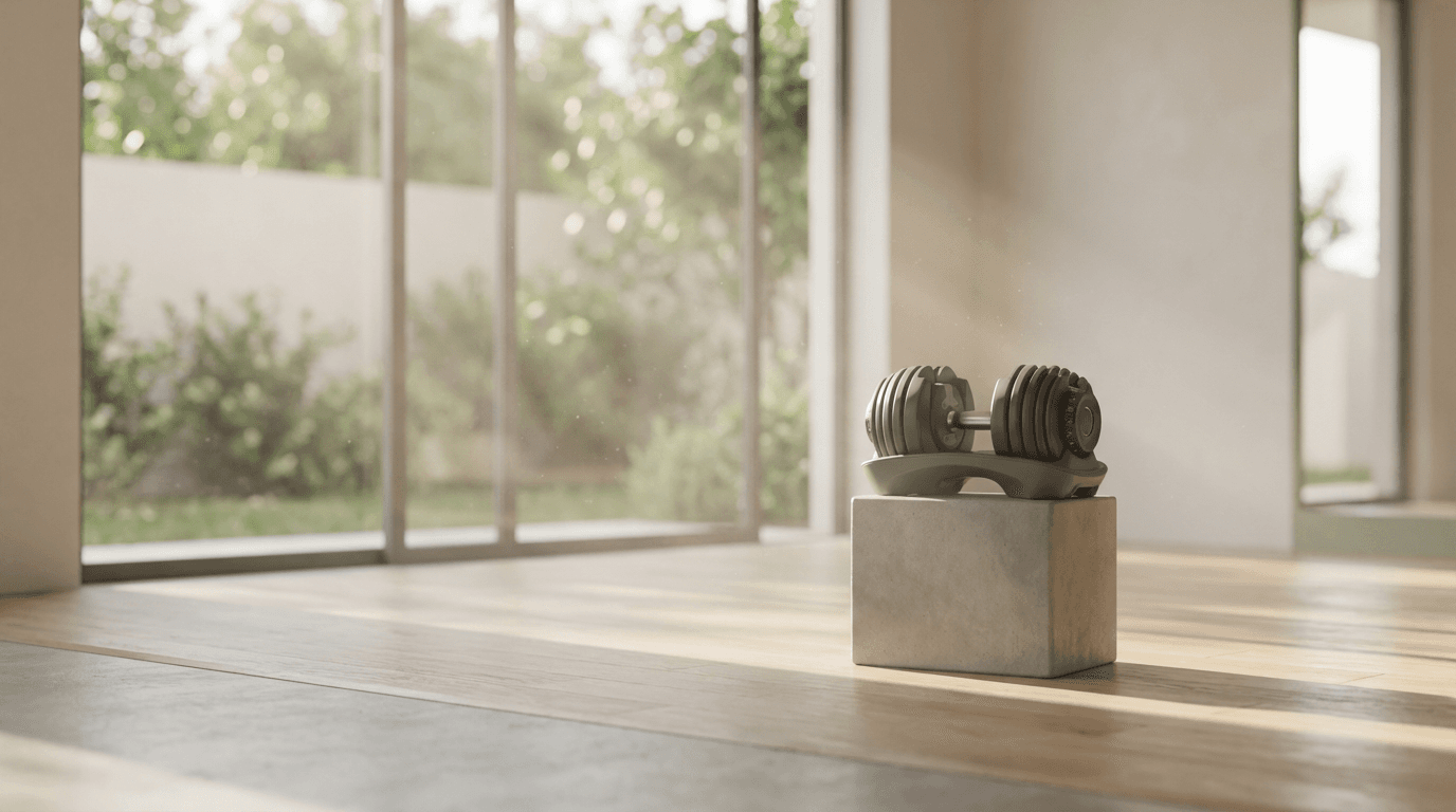 Minimalist home gym with dumbbell on concrete floor, natural light, and blurred plant background.