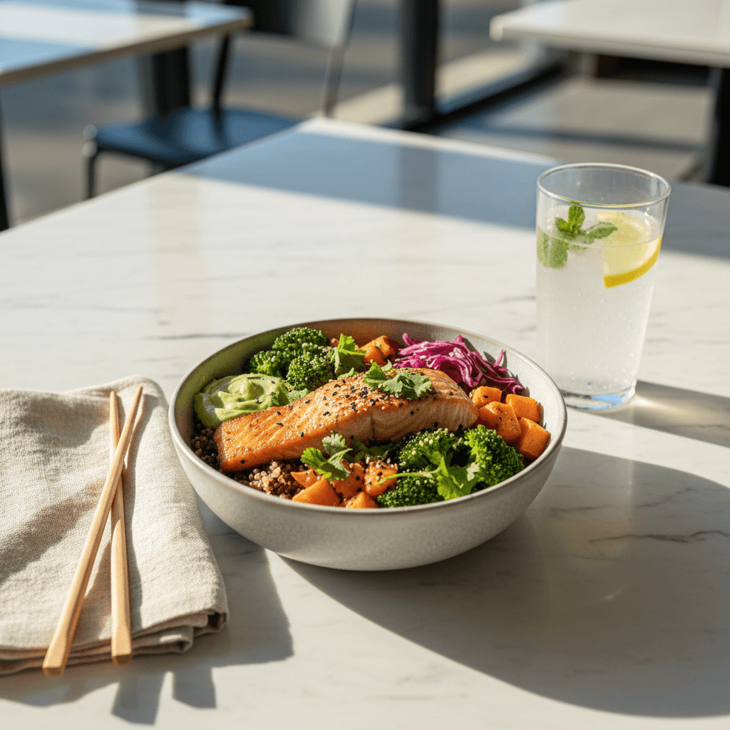 Overhead view of colorful plated lunch bowl with fresh vegetables, protein, and garnish on marble surface with beverage and utensils