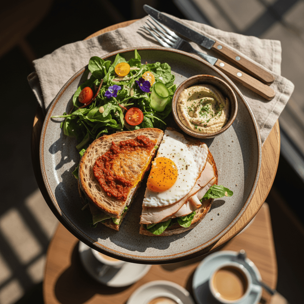 Overhead shot of fresh sandwich breakfast plate with colorful salad and ceramic dishware in café